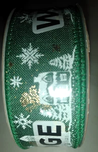 Green Holiday Ribbon Winter Villlage print gold & white wired edge 1.5" wide - Picture 1 of 2