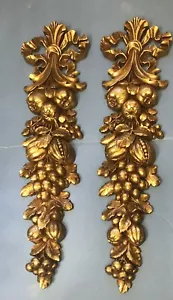 Vintage MCM Syroco Wood Gold Gilt Panels Fruit & Bow Garland Wall Hanging Decor - Foto 1 di 6