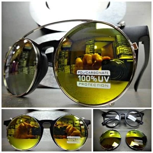 VINTAGE 60s Style Clear Lens CLIP ON SUN GLASSES Round Matte Black Fashion Frame - Picture 1 of 12
