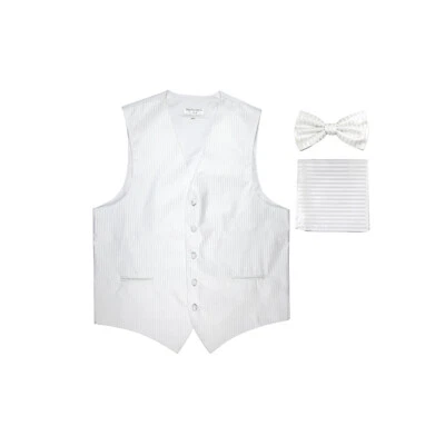 New Men's Formal Vest Tuxedo Waistcoat_bowtie & hankie set stripe wedding white  - Image 1 of 4