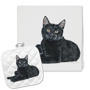 Black Cat Kitchen Dish Towel and Pot Holder Gift Set - Picture 1 of 1