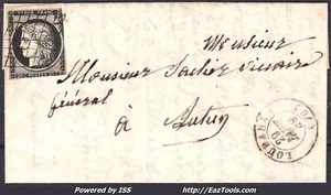 FRANCE N° 3 SUR LETTRE AVEC OBLITERATION GRILLE + CAD LOURANS DU 29/01/1849 - Picture 1 of 2