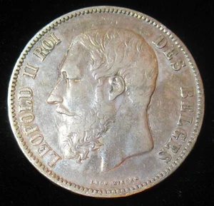 Belgium: 1869 King Leopold II and Lion 5 Francs Silver Coin Beautiful Toning - Picture 1 of 2