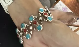 Bracciale Sterling Elastico 925 Thailandia Intarsiato Turchese Agata Rossa 57 grammi - Foto 1 di 6