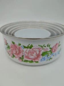 Vintage GMI 5 Enamelware Metal nesting bowls Pink Roses Blue Flowers - Picture 1 of 6