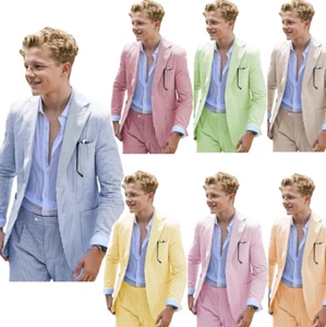 Seersucker Leisure Boy‘s Suits Summer Beach Casual Quick Dry Wedding Two Pieces - Picture 1 of 18