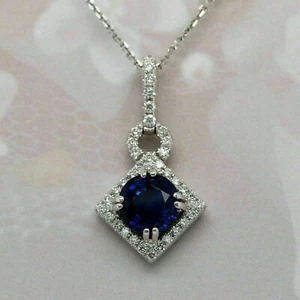 3KT Runde Schliffblau Saphir und Diamant Anhänger Halskette 14K Weißgold Oberfläche - Bild 1 von 6