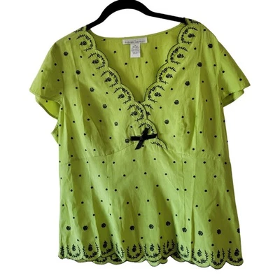 Vtg Silk Babydoll Top Women Sz 1X 16 Y2K Green Black Polka Dot Rockabilly Fairy - Image 1 of 4