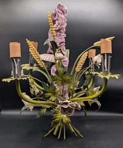 Hollywood Regency Tole Floral Kronleuchter weiße Rosen, Weizenstiele, 4 Fassungen - Bild 1 von 14