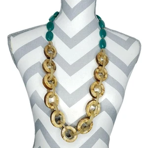 Collar Chicos Largo Grueso Verde Teal Brillo Cuentas Ovaladas y Eslabones Marrón Dorado - Imagen 1 de 11
