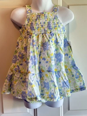 NWT Baby Girls 12 mo LITTLE ME Blue Yellow Green Floral Smocked Dress & Bloomers - Image 1 of 4
