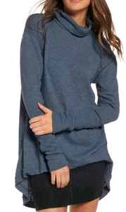 Free People Split Back Rollkragen Top Dusty Blue Gr. Small Langarm Tunika Boho - Bild 1 von 8