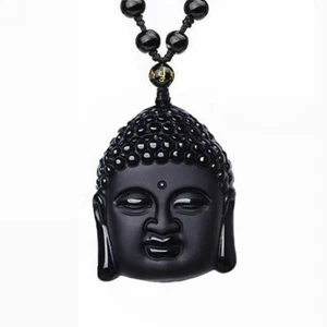 Natural black obsidian sakyamuni buddha necklace Amulet pendant bead with chain - Picture 1 of 6