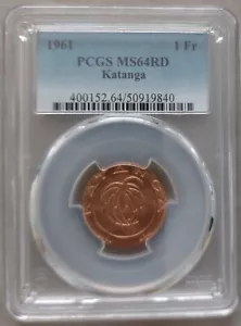 KATANGA 1 FRANC UNC COIN 1961 YEAR KM#1 CROSS PCGS GRADING MS64 - Picture 1 of 3