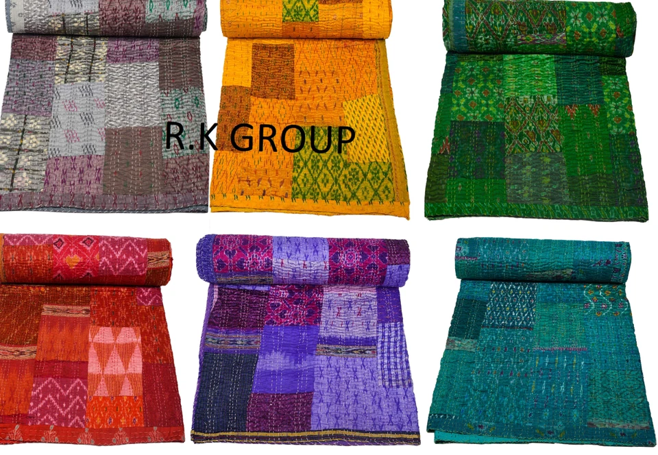 Colcha Kantha india 100 % seda hecha a mano sari retazos colcha manta tiro Foto 1 de 1