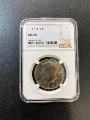 1977 D KENNEDY HALF DOLLAR NGC MS-66 - UNCIRCULATED - CLAD - CERTIFIED SLAB -50C - Image 1 of 2