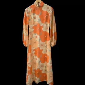 True Vintage Vtg 1970s 70's Boho Orange Hippie Floral Long Slv Maxi Dress S M - Picture 1 of 8