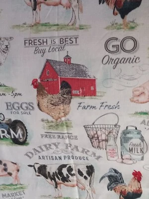 Dairy Farmyard Fabric Cloth Tractor Chicken Goat Pig Red Barn Cotton Calico  - Image 1 of 4