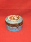 Vintage Round Porcelain Trinket Box Sachet Design With Cover Brass Trim ~2-7/8"D