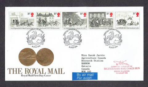 Great Britain - 1984 - Mail Coaches, Scott# 1062-66, Bristol to London Coach Run Cover