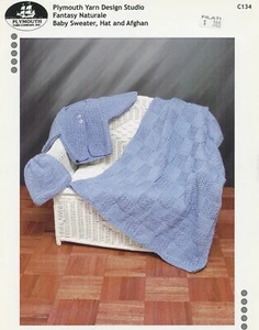 Knit Baby Sweater, Hat & Afghan Set Plymouth Yarn Knitting Pattern C134 Worsted - Picture 1 of 2