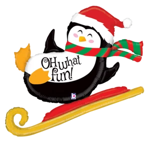 42" Christmas "Oh What Fun!" Sledding Penguin Large Shape Foil Balloon - Picture 1 of 1
