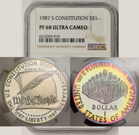 1987-S Constitution Silver Commemorative $1 Proof PF 68 Ultra Cam NGC Color Tone Cover