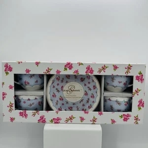 Grace Teaware Set of 4 Porcelain Espresso Cups Saucers Blue Pink Florals Gold - Picture 1 of 4