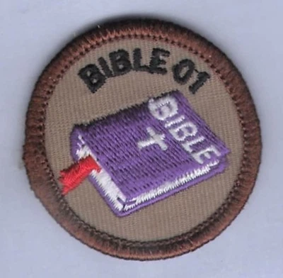Patch Royal Ranger c1980 Master Christian Bible 01 Club Merit Badge Brown 2" - Image 1 of 3