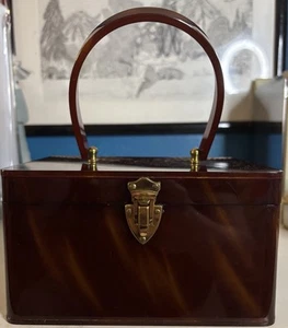 1950’s WILARDY butterscotch Tortoise Lucite Box Purse Botanical Print Mirror - Picture 1 of 11