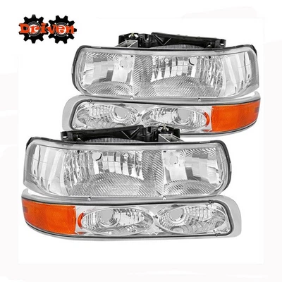 99-02 Silverado 00-05 Suburban Tahoe Chrome Headlights + Turn Signal w/ Amber - Image 1 of 2