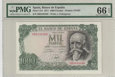 Spain 1971 1000 Pesetas PMG Certified Banknote UNC 66 EPQ 154 - Image 1 of 2