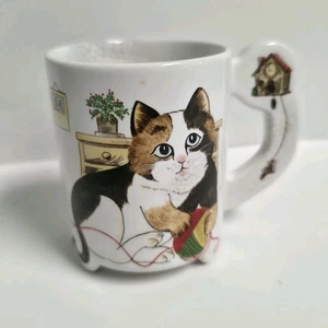 Footed Mug Cup Vintage Kitten Playing with Yarn Mouse Coocoo Clock Japan  - Picture 1 of 11
