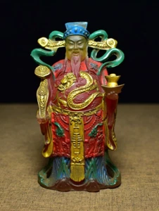 Squisito smalto colorato intagliato ricchezza dio che tiene lingotto oro statua drago ruyi - Foto 1 di 9