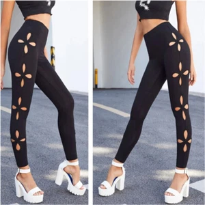 Damen Beide Seiten Blumenmuster Hohl Out Leggings Bleistift Hose Yoga Fitness - Bild 1 von 12