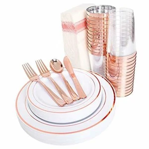 Platos de plástico de oro rosa, cubiertos de oro rosa, tazas de oro rosa... - 200 piezas - Imagen 1 de 7