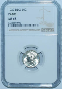 1939 P NGC MS68 FS-101 DDO Doubled Die Obverse Mercury Silver Dime - Picture 1 of 4