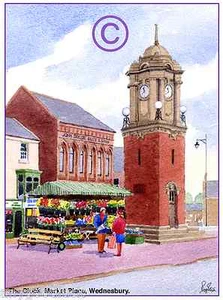 MARKTUHR WEDNESBURY WEST MIDS AQUARELL KÜNSTLER DRUCK KUNSTKARTE 8"x 6" - Bild 1 von 1