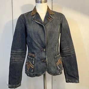 Vintage Carols Denims Blue Jean Jacket Distressed Womens S Button Brown Collared - Picture 1 of 10