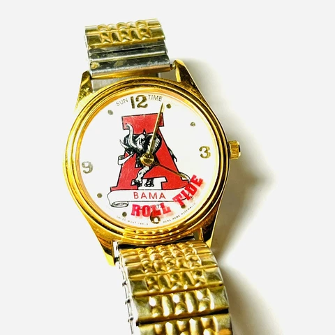 Vintage Suntime Gold University of Alabama “Roll Tide” Watch with Seiko Band Cover