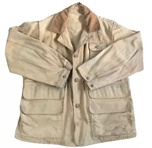 Vintage 1930s Red Head Bone Dry Canvas & Leather Hunting Jacket Chore Coat L - Picture 1 of 16