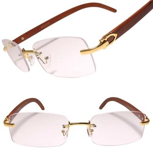 Gafas de lente transparente rectangulares sin montura doradas y marrones con templo de madera sintética de diseñador - Imagen 1 de 4