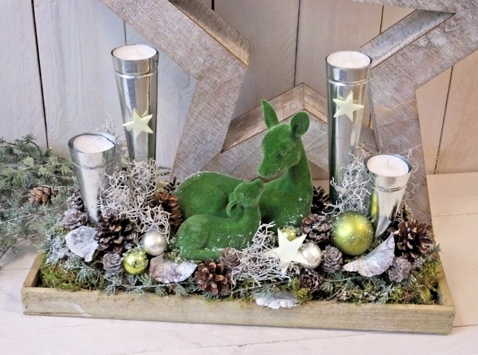 Adventskranz, Adventsgesteck, Tablett natur länglich, Reh mit Kitz, natur-grün - Bild 1 von 1
