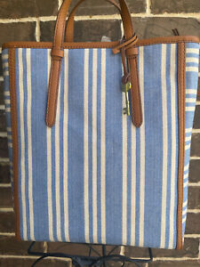 NWT FOSSIL Camilla Convertible Backpack Tote Blue White Stripes 