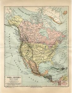 1888 NORTH AMERICA POLITICAL MAP USA CANADA MEXICO  Antique Map dated