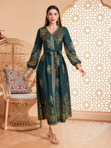 Muslim Women V-Neck Abaya Floral Maxi Dress Kaftan Dubai Arab Party Islamic Gown - Picture 1 of 16