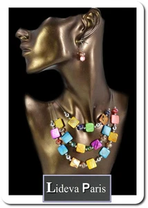 Set Kette Ohrringe Halskette Schmuckset Paris Quadrat Perlmutt/Glas Perlen Bunt - Bild 1 von 1