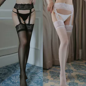 Lace Glossy Oil Shiny Sheer Thigh Stockings W/Garter Belt Slim Pantyhose Hosiery - Picture 1 of 15