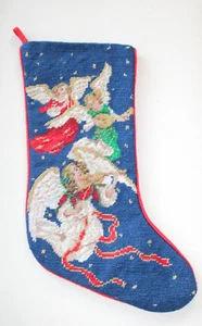 VTG Needlepoint Wool Christmas Stocking Singing Angels Stars Red Cloth Back-BRC - Picture 1 of 9