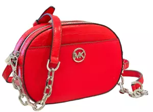 Michael Kors Jet Set Glam Leather Oval Crossbody Bag Purse Bright Red $448 Nwt - Picture 1 of 13